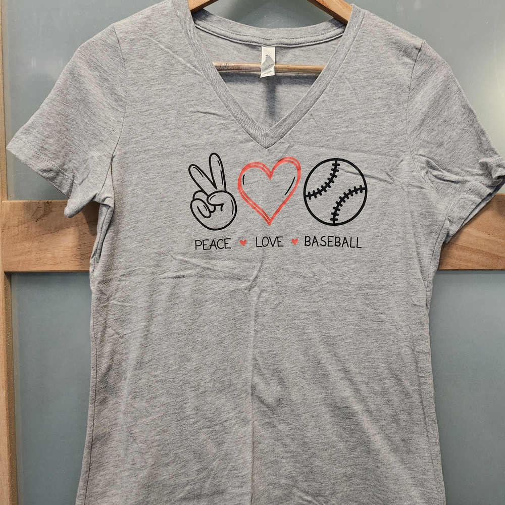 Bella Canvas Grey V-Neck Tee with Peace, Heart & Baseball Graphic